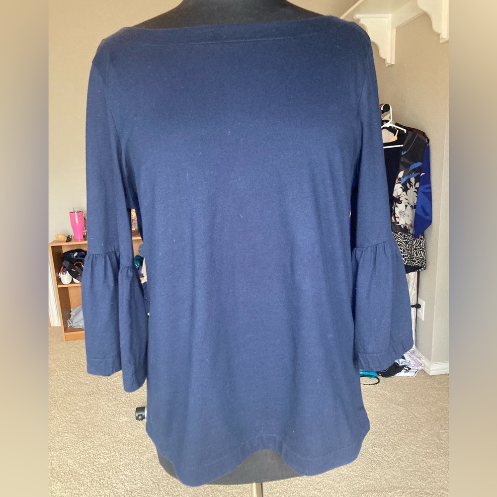 Banana Republic navy Blue 3/4 Sleeve boat neck top w/ bell sleeves, size medium